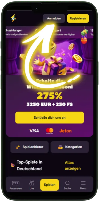 Zoome Casino Registrierungsschaltfläche finden
